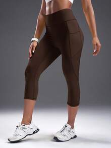 Powerista Women's Brown High Waist Workout Leggings With Pockets - Coffee Brown - View 6
