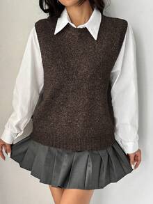 Chiquease Women's Casual Versatile Solid Color Knit Vest - Coffee Brown - View 4