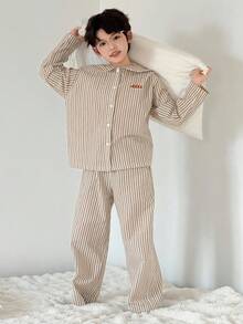DAZY Boys Striped Print Loungewear Set, Kids Fall Clothes - Khaki - View 1