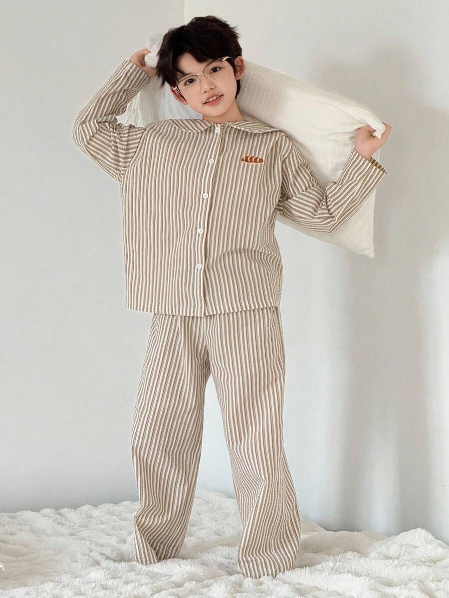 DAZY Boys Striped Print Loungewear Set, Kids Fall Clothes - Khaki - View 1