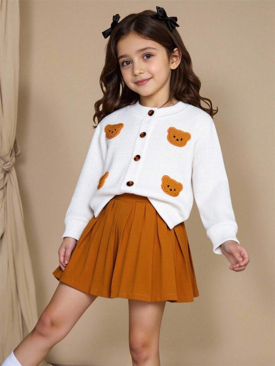 Elladie kids 女孩休闲日常针织开衫夹克，带有可爱的小熊补丁，搭配棕色裙子，两件套秋季户外服装 - 卡其色 - 查看 1
