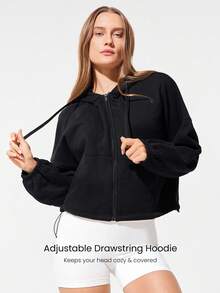 GLOWMODE 日常羊毛衫 凉爽弹性柔软 轻盈保暖 抽绳下摆口袋 齐臀宽松全拉链连帽衫 秋冬户外日常休闲 - 黑色 - 查看 3