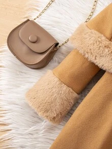 SHEIN 女婴可爱卡其色长款开衫和披肩套装，秋冬