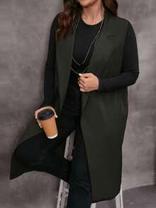 EMERY ROSE Plus Size Casual Commute Solid Color Vest Coat, Winter,,2025 New,Simple And Fashionable For Everyday Wear, Christmas,New Year,Date Night - Army Green - View 4