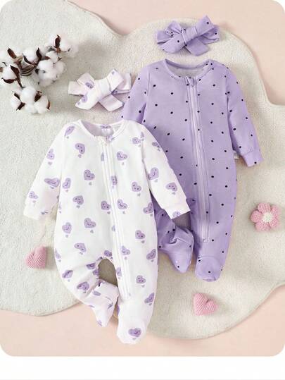 SHEIN 4-teiliges Set für Baby Mädchen: Herz- & Punktemuster Body mit Reißverschluss vorne & Kopfband, weicher Pyjama Outfit