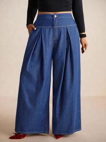 Elaquor Plus Size High Waist Wide Leg Jeans, Fashionable For Commuting/Winter Wide Leg Jeans Woman Denim For Women Cowboy Pants For Women - Medium Wash - View 5