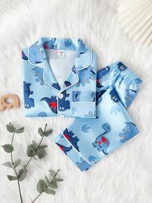 2pcs Young Boy Cute Dinosaur Print Short Sleeve Cardigan And Pants Casual Pajama Set