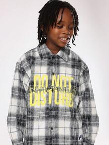 SUMWON Áo sơ mi tay dài cài nút kẻ sọc kẻ caro vải nỉ cotton Trendsetter họa tiết in hình Do Not Disturb, trang phục thường ngày dạo phố, phong cách cuối tuần, thu đông, thoải mái - Đen và trắng - Xem 4