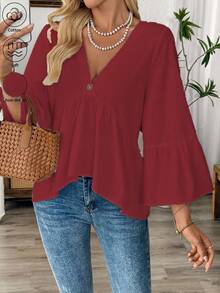EMERY ROSE 女式休闲V领荷叶边袖衬衫 - 酒紅色 - 查看 6