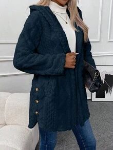 EMERY ROSE Women's Thermal Lined Button-Up Hooded Cardigan, Autumn/Winter - Royal Blue - View 4