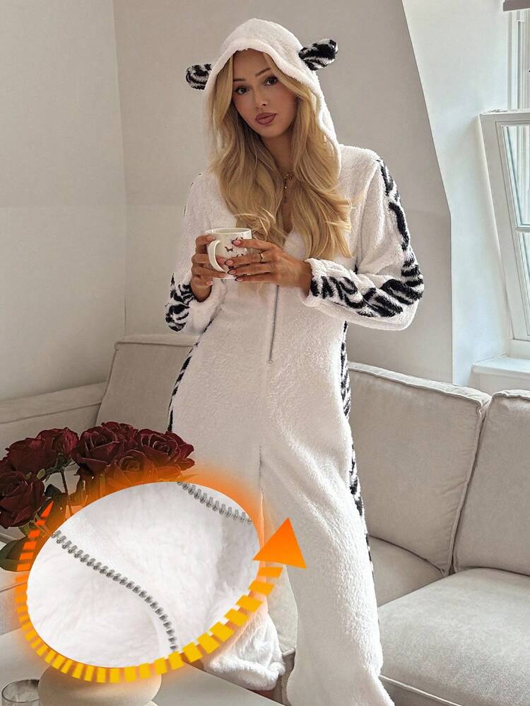 Women's Zebra Print Patchwork Plush Thick Cute Ear Hooded Pajamas One-Piece Romper For Winter, Fall