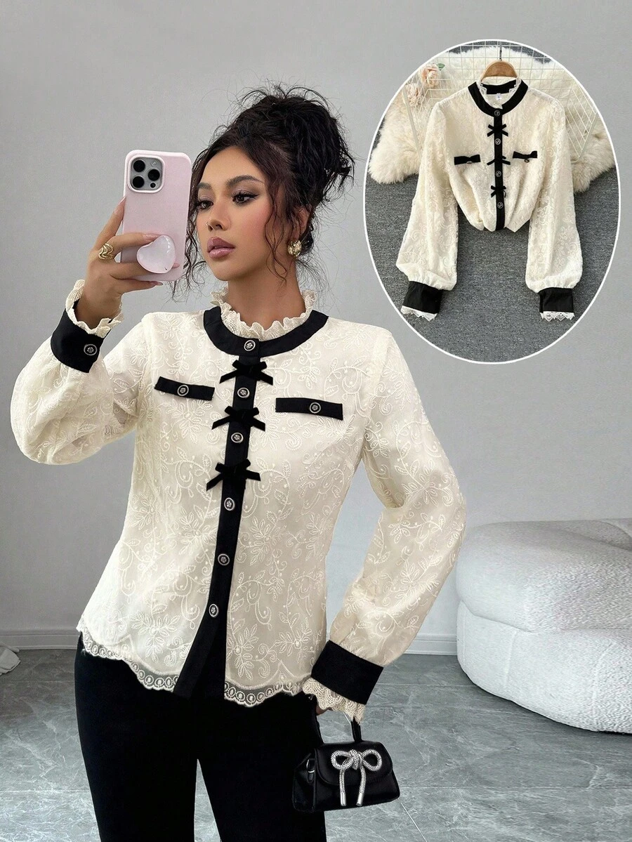 SHEIN Clasi Women's Autumn Elegant Cream White Tea Party Shirt,Lace Contrast Bow Button Ruffle Trim Khaki Casual Commute Apricot Christmas Halloween New Year - Apricot - View 1