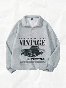 Attitoon 女士宽松半拉链高领复古汽车印花羊毛卫衣，适合秋冬季、Y2K 和街头风格