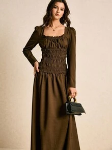 Poéselle Vestido largo de unicolor elegante con cintura ceñida, adecuado para ir al trabajo - Café integral - Ver 5