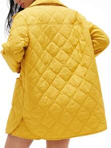 Aveloria GENKIRA 女士秋冬新款翻盖口袋轻薄棉服衬衫、宽松中长款棉服外套 - 黃色 - 查看 2