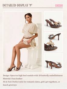 CUCCOO CHICEST 女士优雅蝴蝶结细高跟圆头凉鞋，浪漫黑色高跟凉鞋，适合茶会、约会、度假