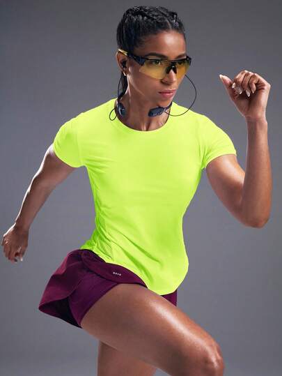 Powerista Damski sportowy top T-shirt na siłownię z kontrastową siatką w neonowej zieleni, odzież aktywna