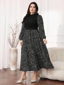 Modelyn 大码女式中式立领拼布碎花灯笼袖休闲连衣裙 - 黑色 - 查看 7