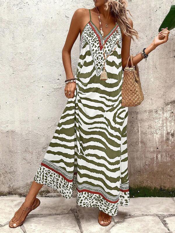 EMERY ROSE Women's Leopard Print Loose Maxi Slip Dress, Elegant For Daily Wear And Vacation, Summer