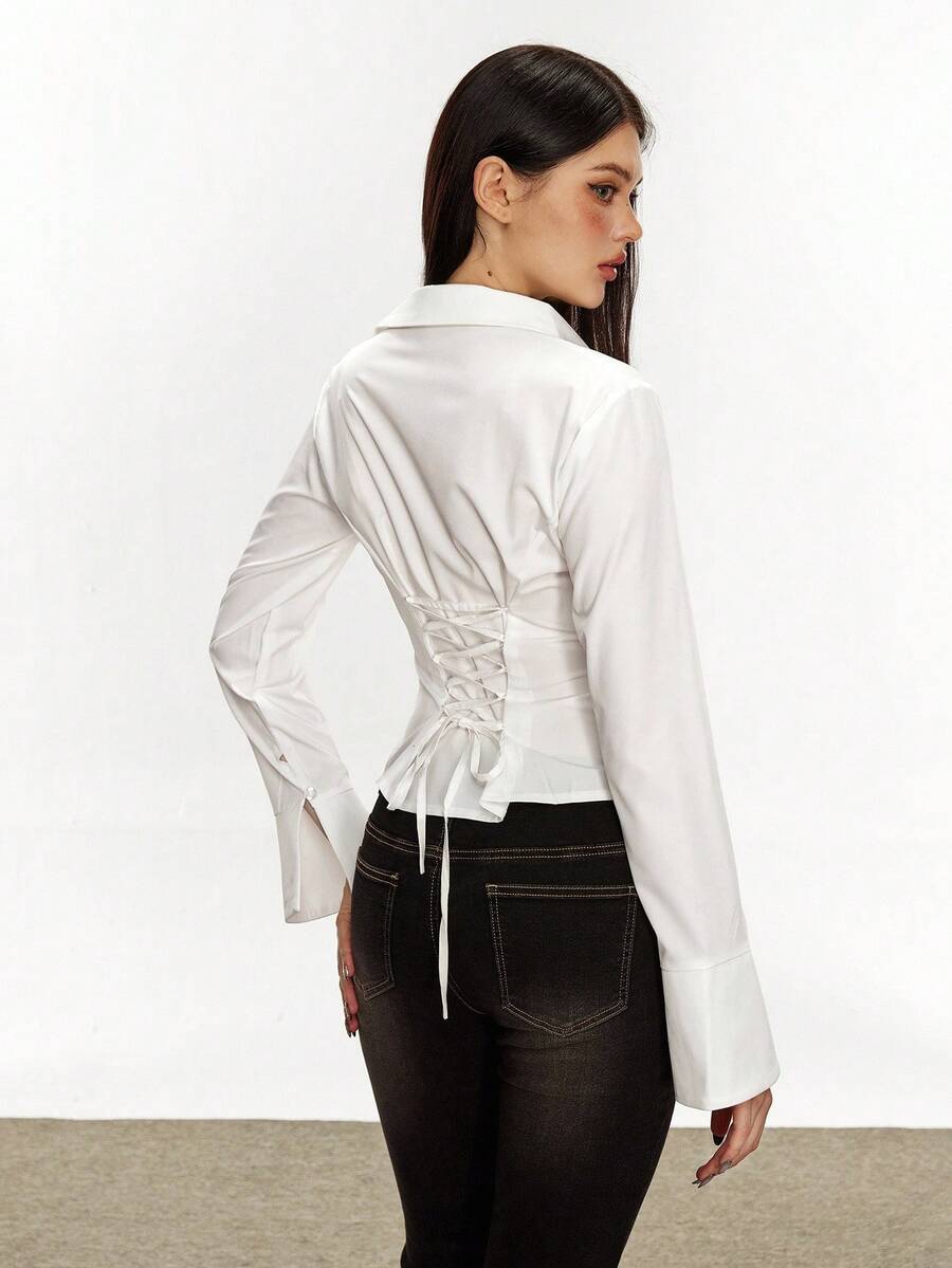 Rina Fox Women's Lace Up Asymmetrical Hemline Long Sleeve Elegant Blouse,Long Sleeve Tops Fall Cloth For Women - White - View 1