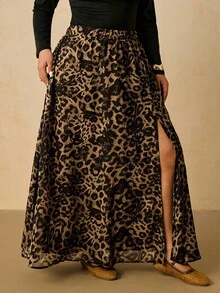 SHEIN VCAY Plus Size Women Leopard Floral Print Chiffon Skirt, Casual Holiday Versatile Long Skirt For Autumn/Winter