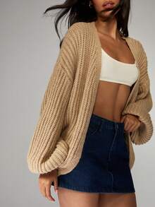 MISSGUIDED Oversized Chunky Knit Cardigan Fall Winter Long Sleeve Open Front Sweater Balloon Sleeve Cozy Casual Lounge Wear - Khaki - View 6