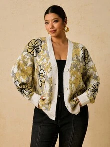 Travachic Plus Size Cardigan Sweater, Women's Winter Sweater Fall Clothes For Women, New Year Outfit, Thanksgiving Outfit For Women, Elegant Women's Blouses, Casual Blouses For Women, Brown Top Warm And Comfortable Sweater, Yellow Floral Patterned Knitted Jacket Containing Wool