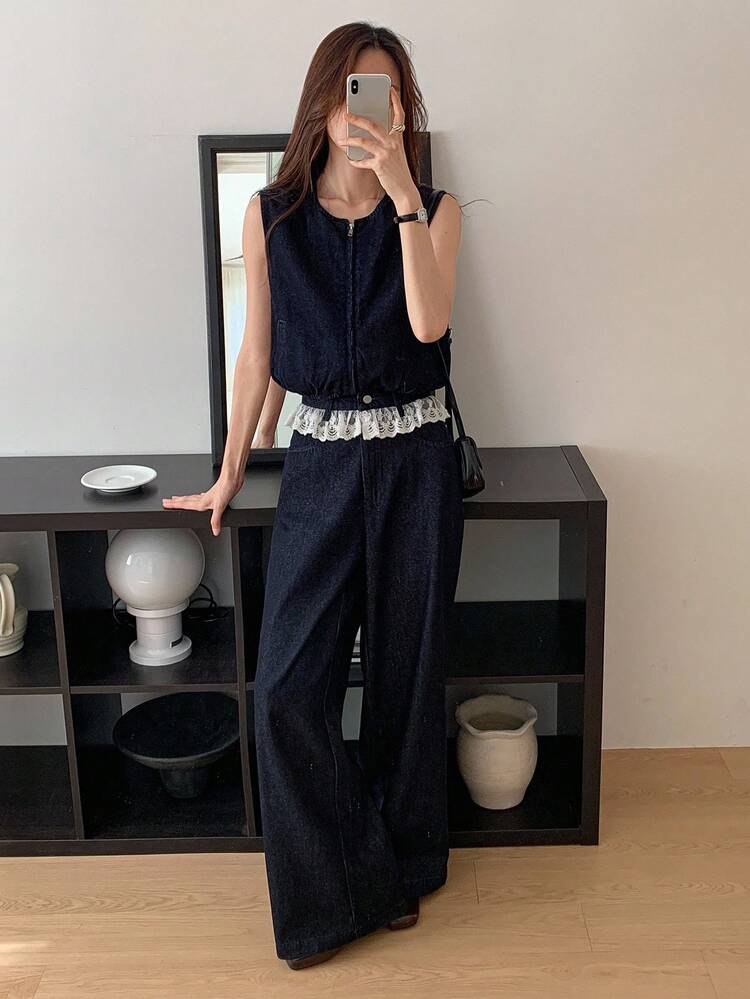 Women's Summer Round Neck Lace Patchwork Sleeveless Cardigan Vest And Straight Leg Jeans Casual Suit