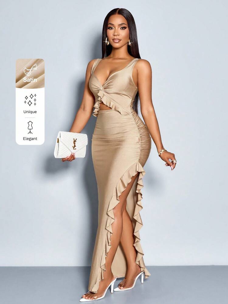 SOLERSUN Γυναικείο Σέξι και Κομψό Φόρεμα με Στριφτό Στριφτό Μπροστά και Στριφτό ... - Χακί - Προβολή 1