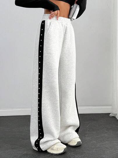 SHEIN Rhinestone Side Detailed Brushed Light Grey Melange Sweatpants