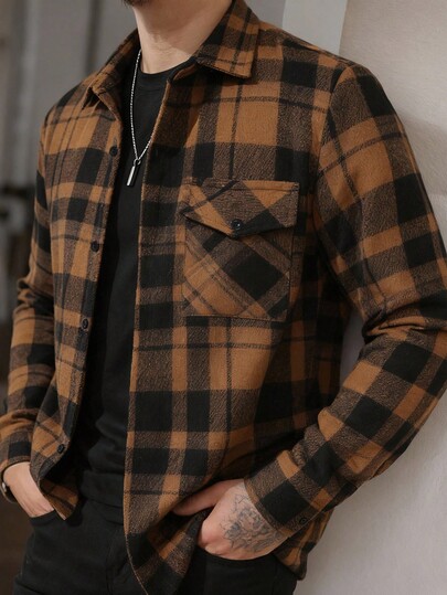 Manfinity Homme Men's Casual Single-Breasted Pocket Long Sleeve Shacket, Autumn Men Shirts Streetwear Flannels For Men Men Shacket Plaid Jacket Men