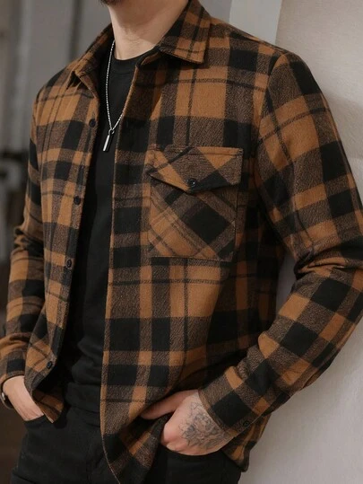 Manfinity Homme Men's Casual Single-Breasted Pocket Long Sleeve Shacket, Autumn Men Streetwear Flannels, Winter