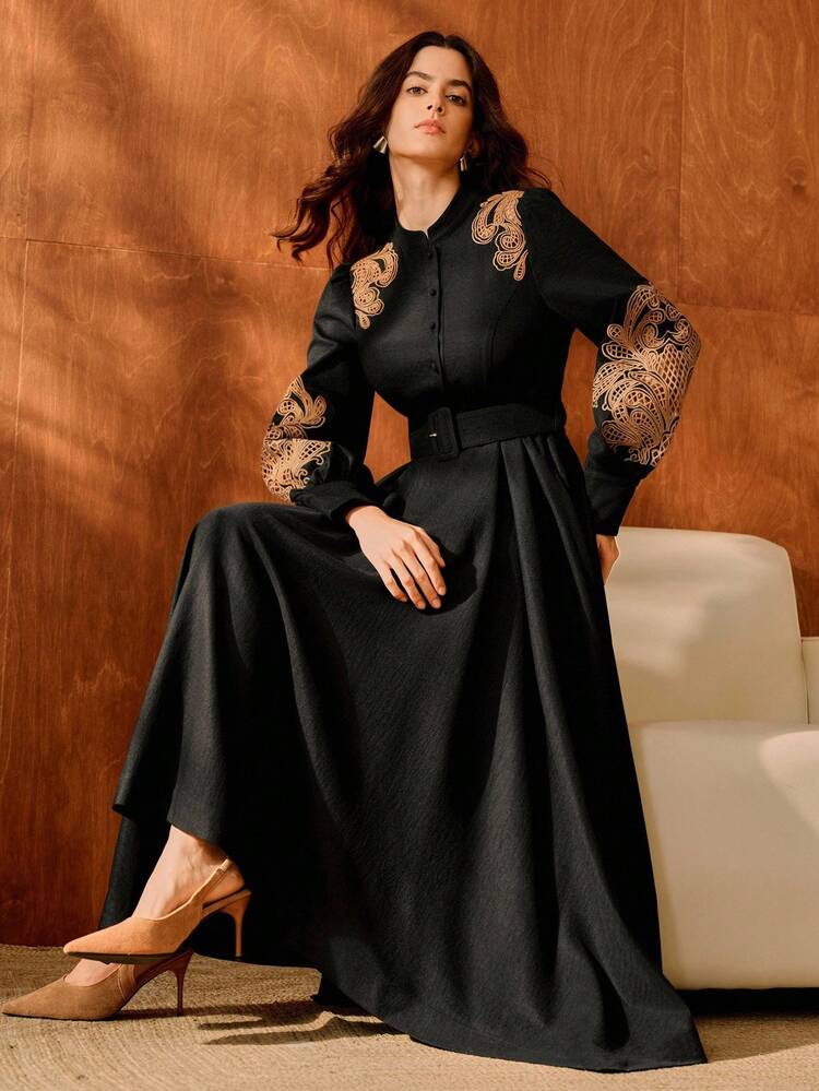 Anewsta Women's Vintage Elegant Stand Collar Lantern Sleeve Milk Silk Hollow Out Embroidery Cinched Waist Maxi Dress, Autumn