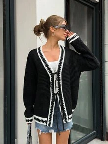 EURMUSE Plus Women Contrast Hem Detailed Front Tie Chunky Cardigan - Black - View 3