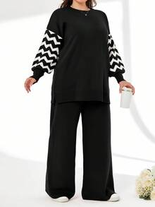 SHEIN Cottnline Plus Size Striped Color Block Sweater And Pants Two-Piece Set, For Winter - Black and White - View 3