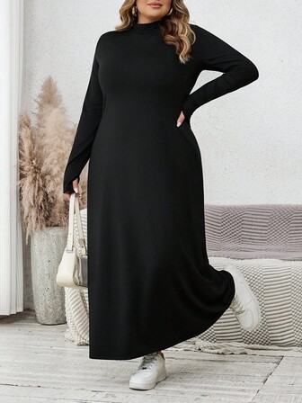 SHEIN CURVE+ Plusstorlek Elegant Enfärgad Höghalsad Långärmad Slim-Fittande Klänning För Damer, Vår- Och Höstlångklänning, Svart Långklänning, Sexig Vinterlångklänning, Långärmad Långklänning, Avslappnad Basklänning