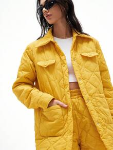 Aveloria GENKIRA 女士秋冬新款翻盖口袋轻薄棉服衬衫、宽松中长款棉服外套 - 黃色 - 查看 4