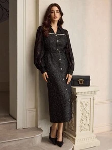 ZEYLAH Vestido feminino de tweed com recortes e patchwork, cintura marcada e corte em A - Preto - Ver 7