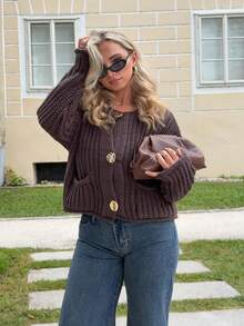 Jeta Ari Women's Solid Color Front Button Long Sleeve Casual Blouse,Knitted Sweater - Coffee Brown - View 5