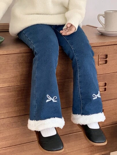 DAZY 女童保暖蝴蝶印花牛仔裤，年轻女孩秋装
