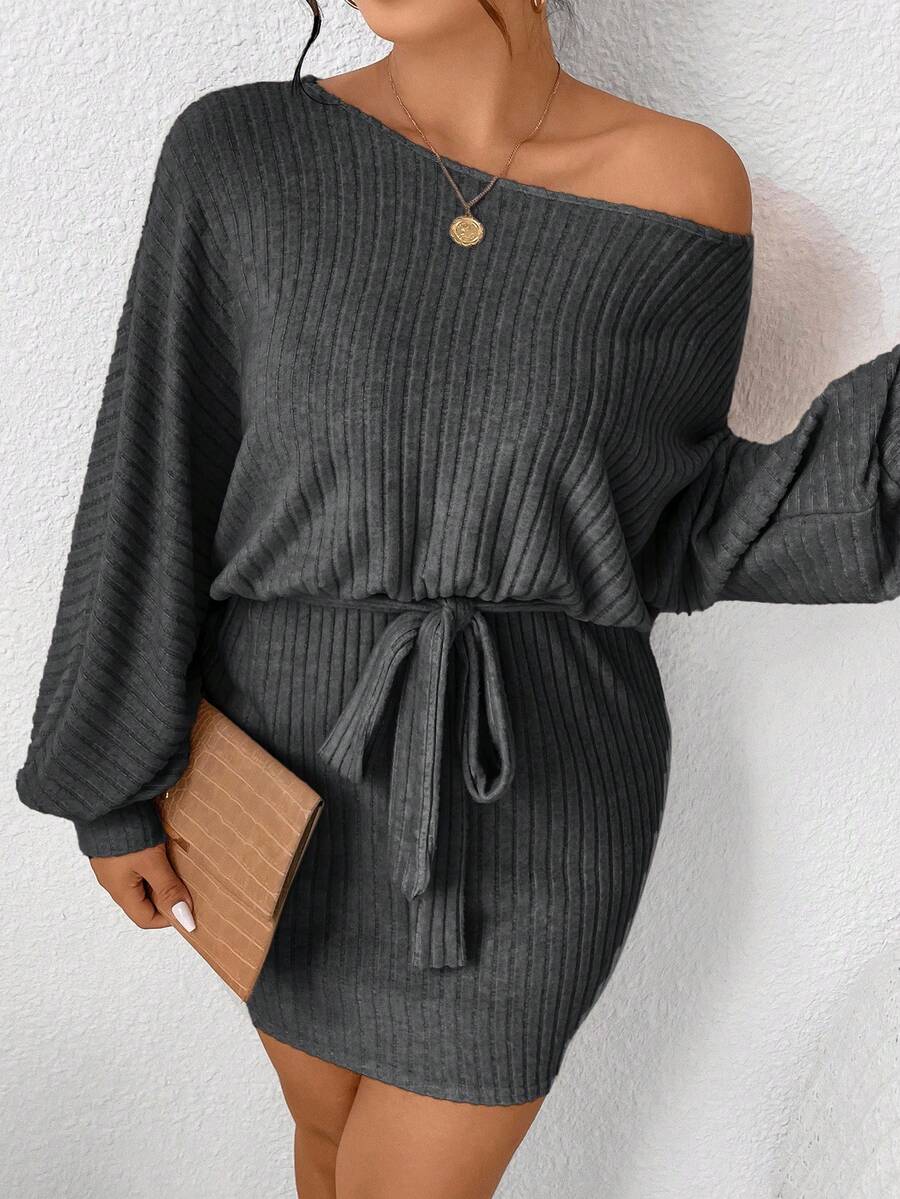 SHEIN Frenchy Plus Size Women's Solid Color Batwing Sleeve Ribbed Casual Belted Dress/Fall/Winter - Dark Grey - View 1