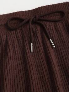 Sweetra Bộ đồ 2 món mới dành cho nữ Xuân/Thu/Đông, thích hợp cho các buổi đi chơi, đi làm, thường ngày, ở nhà, văn phòng, chất liệu vải nhung trơn màu, thiết kế hở phía trước, dây rút có thể điều chỉnh, xếp ly ở eo - màu nâu - Xem 3