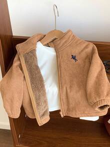 SHEIN Baby Boys Suede Thermal Lined Stand Collar Zip Up Jacket, Khaki, Suitable For Indoor, Outdoor, Casual, Sports, Play, Party Holiday, Festival, Rave In Autumn/Winter