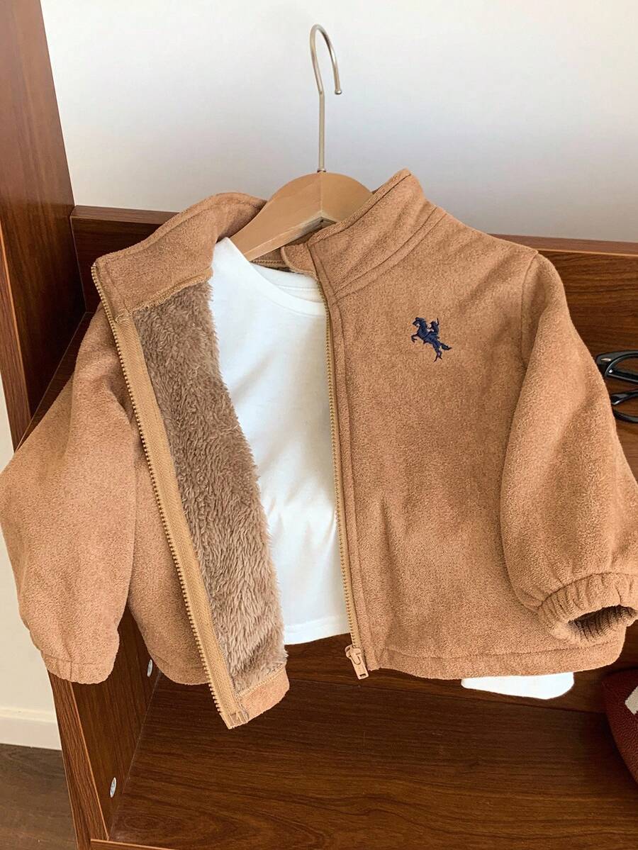 SHEIN Baby Boys Suede Thermal Lined Stand Collar Zip Up Jacket, Khaki, Suitable For Indoor, Outdoor, Casual, Sports, Play, Party Holiday, Festival, Rave In Autumn/Winter