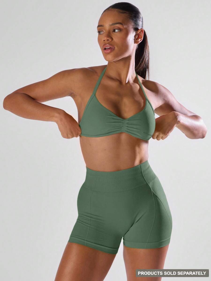 Musera Sport Solid Ruched Bust Open Back Halter Sports Bra, Active Comfy Workout Gym Running Run Club Gym Yoga Pilates Fitness Daily Casual - Army Green - View 1