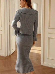 Aveloria Rosie Women's Autumn/Winter Ruffled Drawstring Knitted Cardigan And Knitted Pencil Skirt 2 Pieces Set, Elegant & Fitted