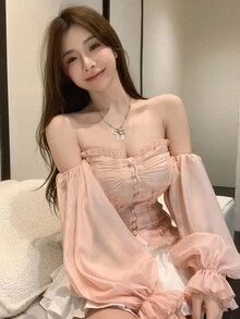 DAZY 女士露肩泡泡袖修身雪纺上衣，适合婚礼、约会、休闲穿着，长袖上衣，嘉年华外出上衣 - 藕粉色 - 查看 4