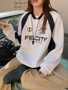 DAZY Women's V-Neck Contrast Color Patchwork Loose Letter Print Streetwear Casual Pullover Sweatshirt, Autumn/Winter - Light Grey - View 6