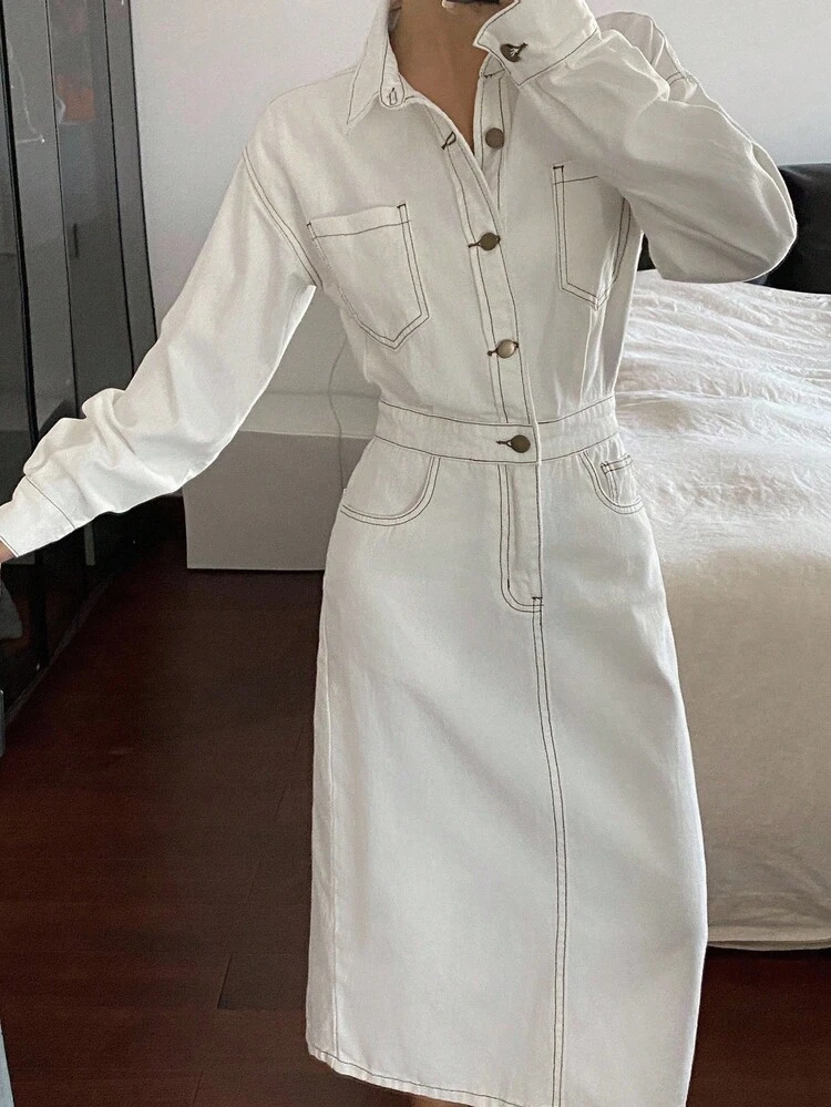 Women's Turndown Collar Long Sleeve Denim Jumpsuit Dress, Casual City Style