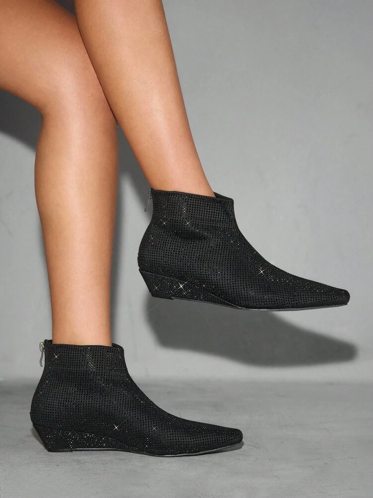 CUCCOO SZL Fashionable Square Toe Wedge Heel Fully Rhinestone Embellished Women's Ankle Boots, Glamorous & Sexy For Party, Wedding